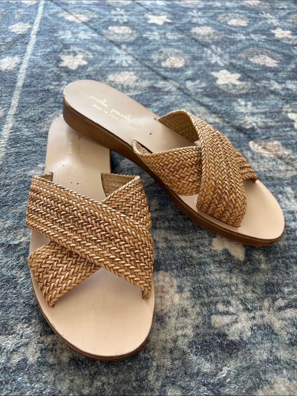 Mila Paoli Raffia Crossover Wood Platform Slide Sandal Size 8/8.5